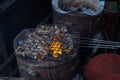 Grilled snails on stove grille , cooking barbecue seafood with spicy sauce.